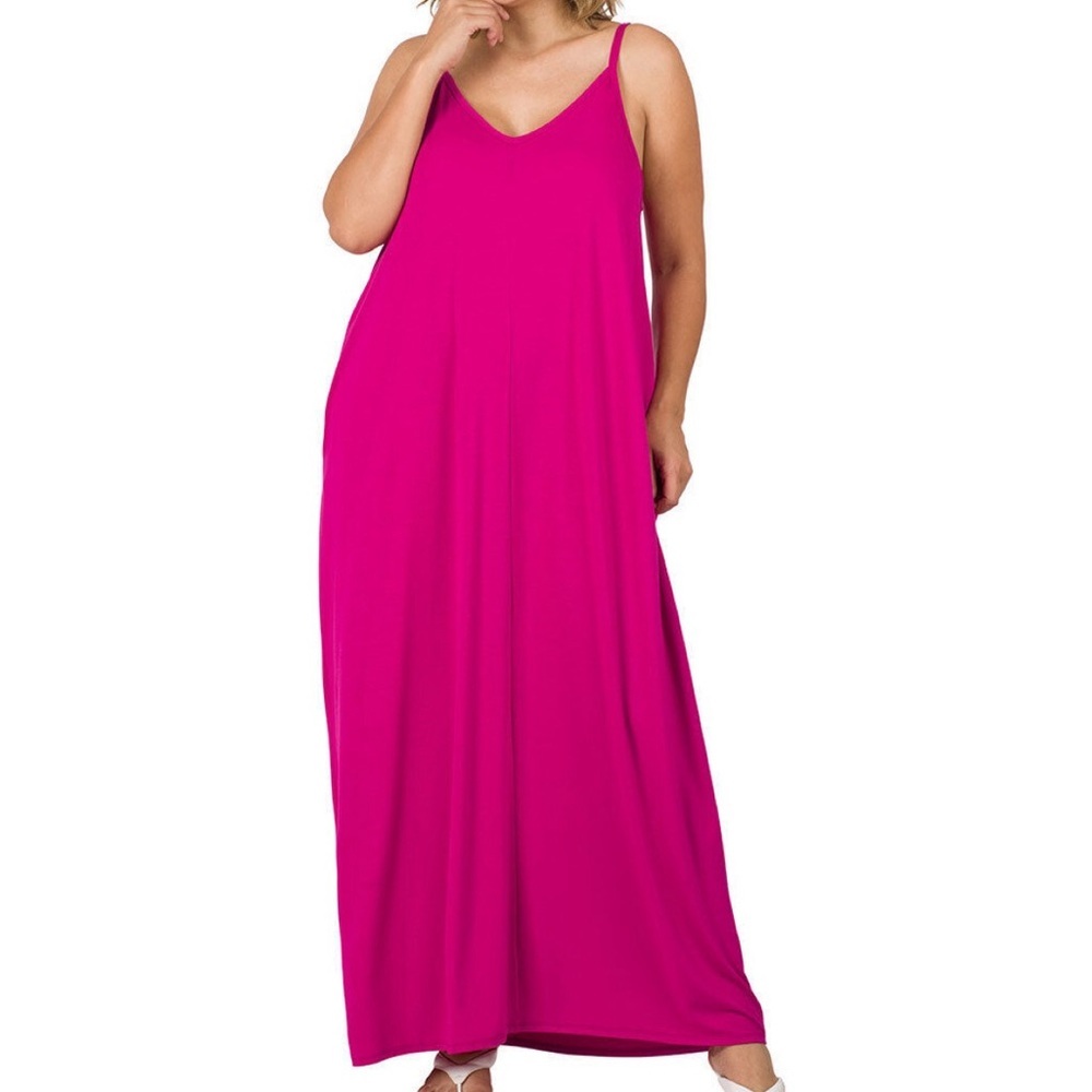Zenana V Neck Cami Maxi Long Dress with Side Pockets & Adjustable Straps